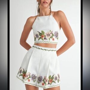 Floral Embroidered White Halter Top and Skirt Set